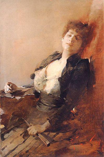 Franciszek zmurko Portrait of a woman with a fan and a cigarette china oil painting image